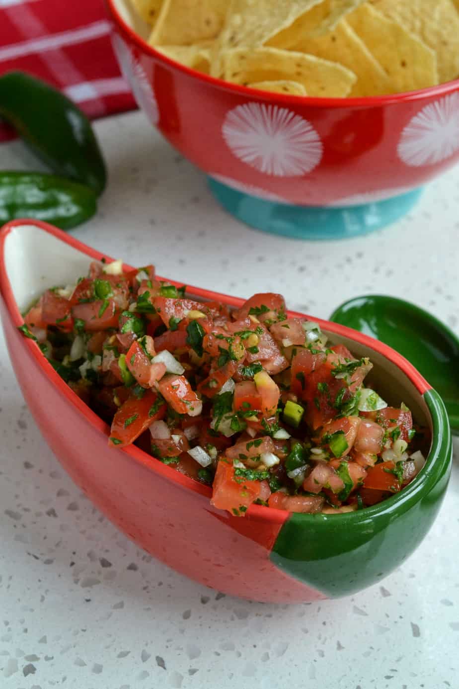 Fresh Pico in a chili pepper shaped bowl. 