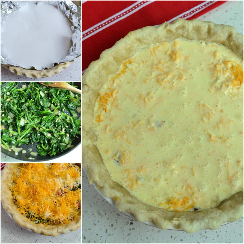There are several steps to baking a quiche. 