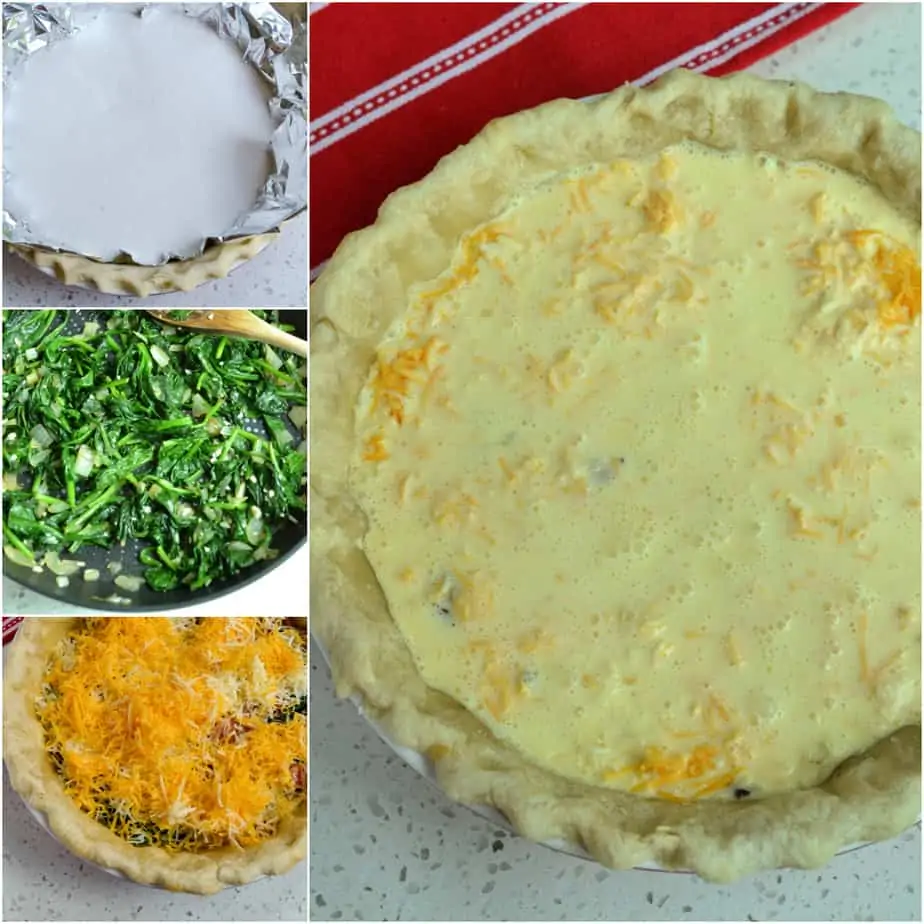 There are several steps to baking a quiche. 