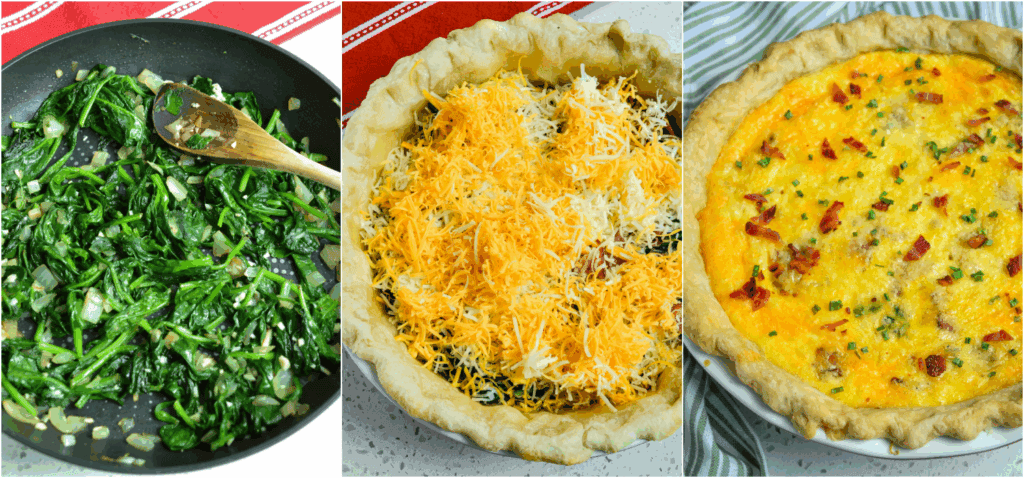 Some of the steps for making spinach quiche. Saute the onions, spinach, and garlic. Add the ingredients for the quiche and bake it. 