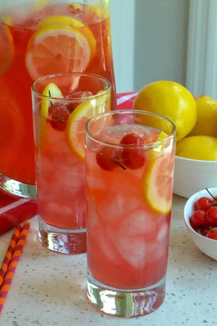 Cool and refreshing Cherry Lemonade is made with all-natural ingredients like freshly squeezed lemons, sun-ripened sour cherries, sugar, and filtered water.