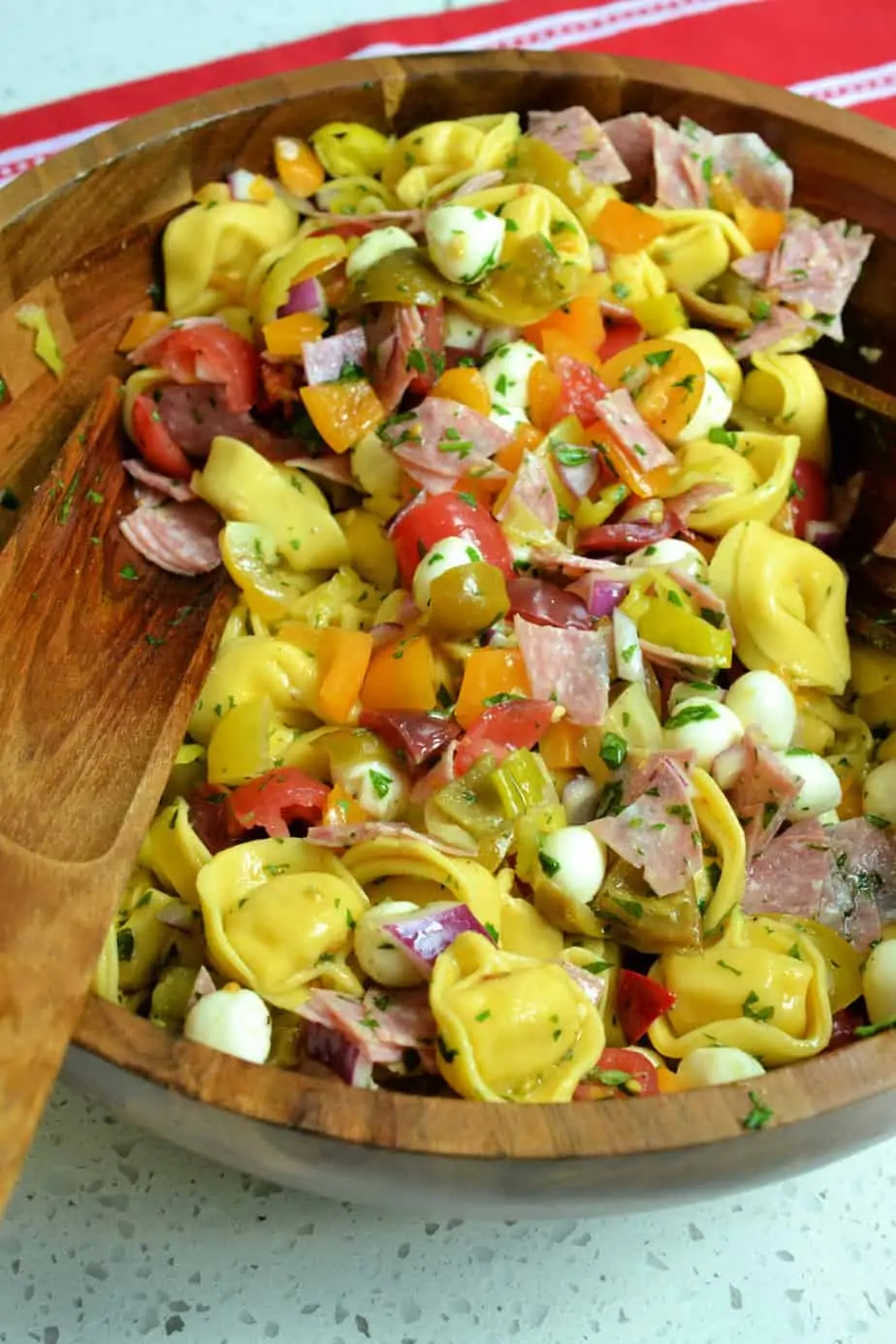 Italian Tortellini Pasta with tomatoes, bell peppers, mozzarella, and pepperoncini. 