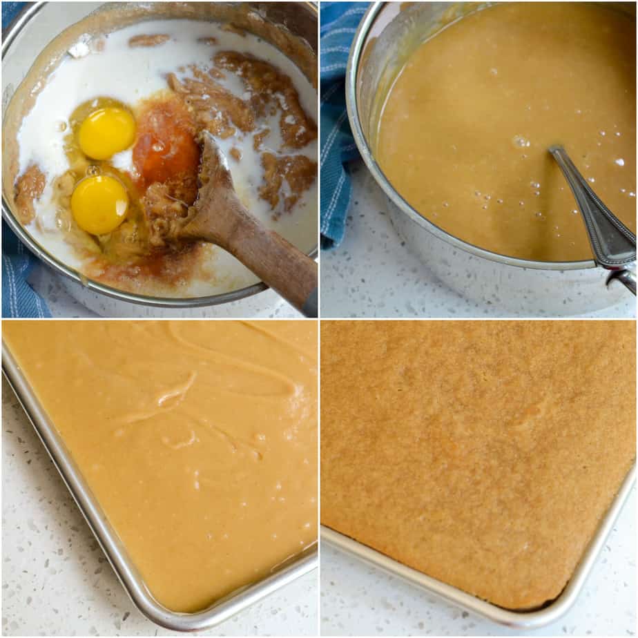 There are several steps to making a peanut butter cake.