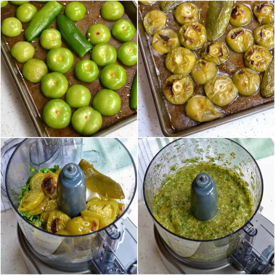 One of the steps to making green salsa is to roast the tomatillos and jalapeno peppers.