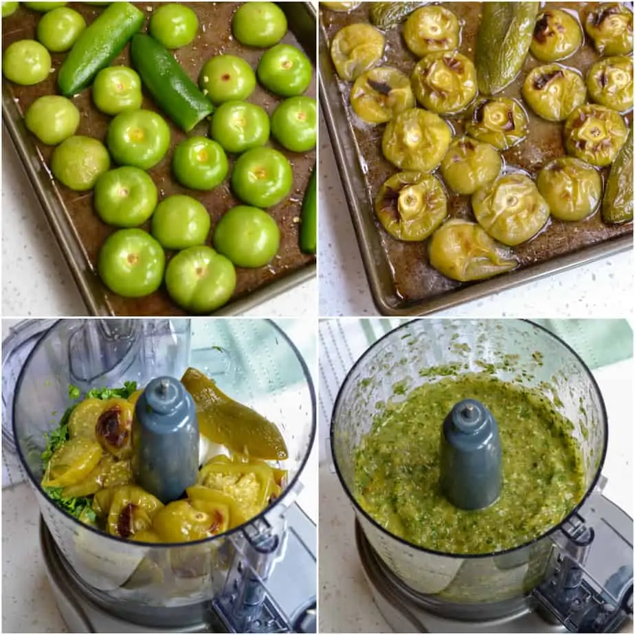 One of the steps to making green salsa is to roast the tomatillos and jalapeno peppers. 