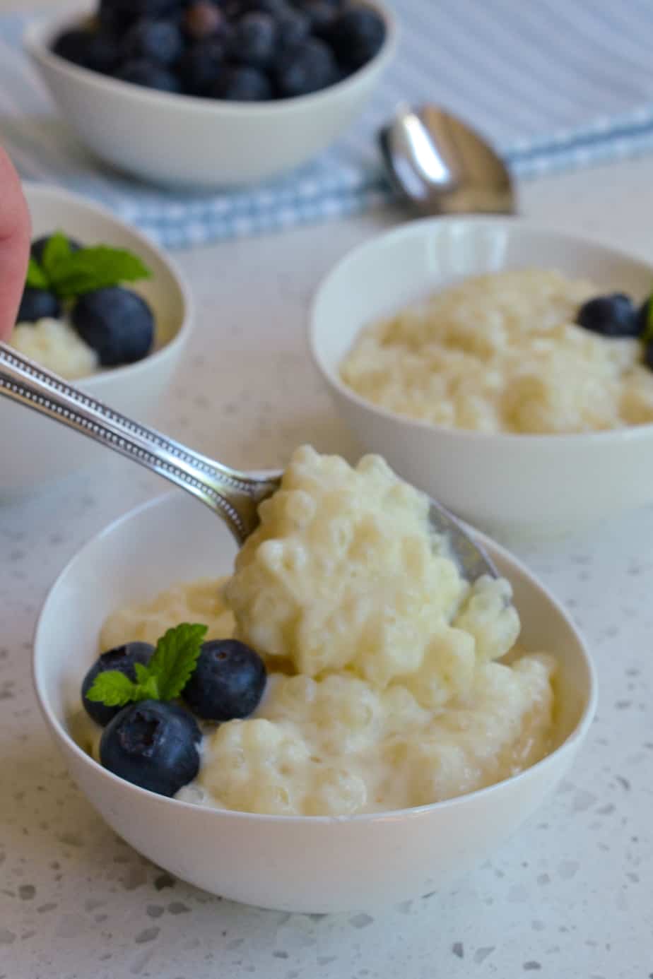 A spoonful of homemade warm tapioca pudding. 