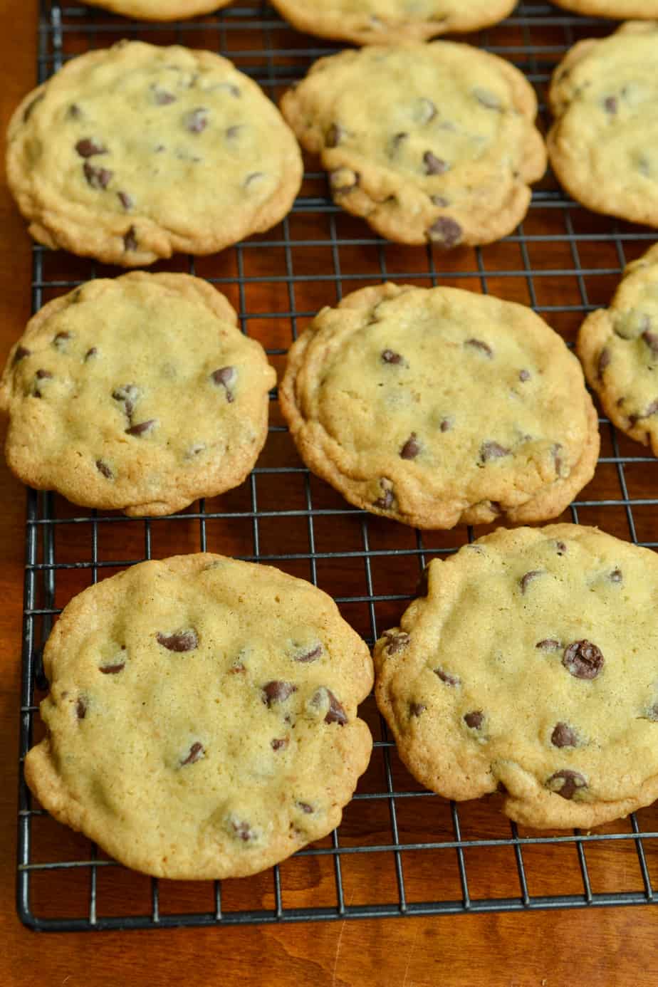 Thin and crispy chocolate chip cookies on a cookie cooling rack.