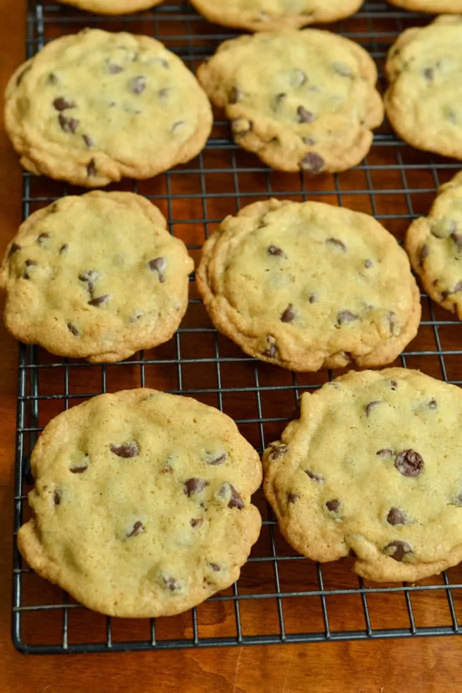 Thin and crispy chocolate chip cookies on a cookie cooling rack. 