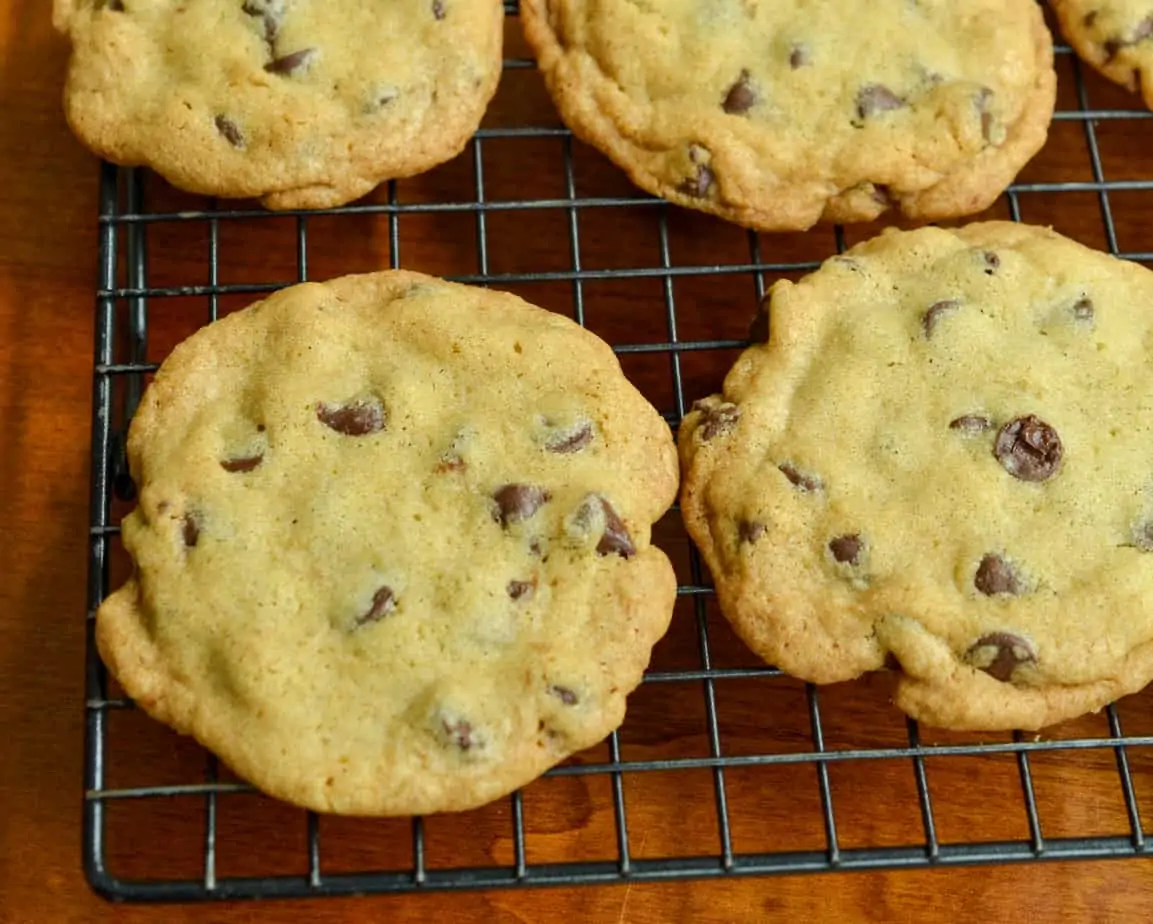 Thin and crispy chocolate chip cookies.