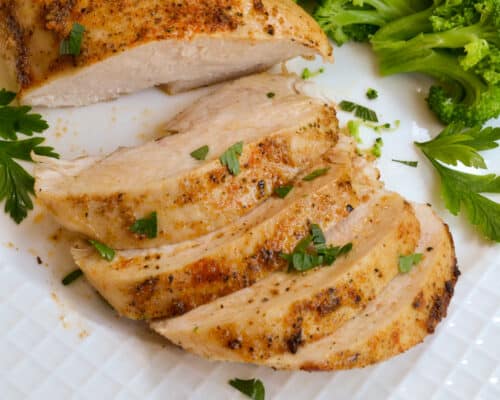 Chicken breast cooked in an air fryer.