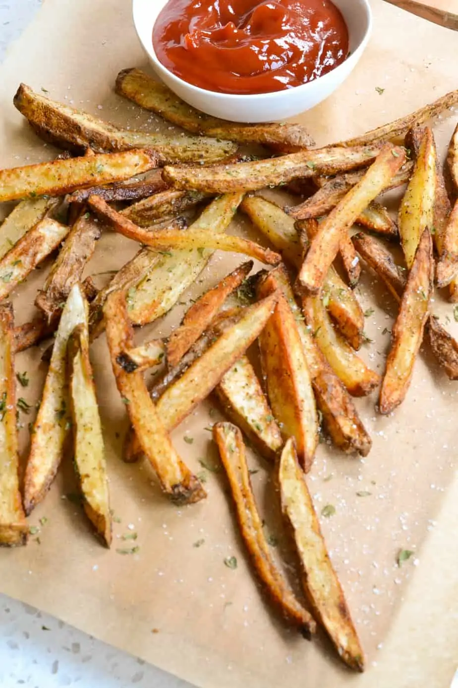 Air fryer French fries with ketchup. 