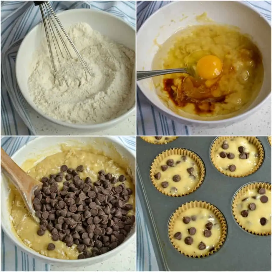 The steps for making Banana Chocolate Chip Muffins