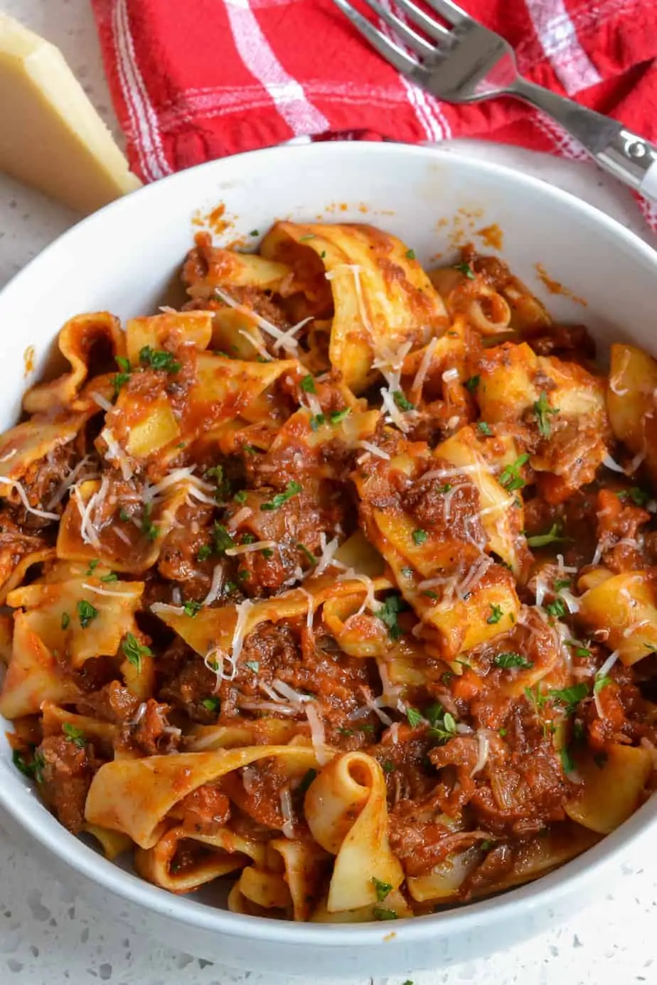 A bowl full of Beef Ragu with Pappardelle Pasta. 