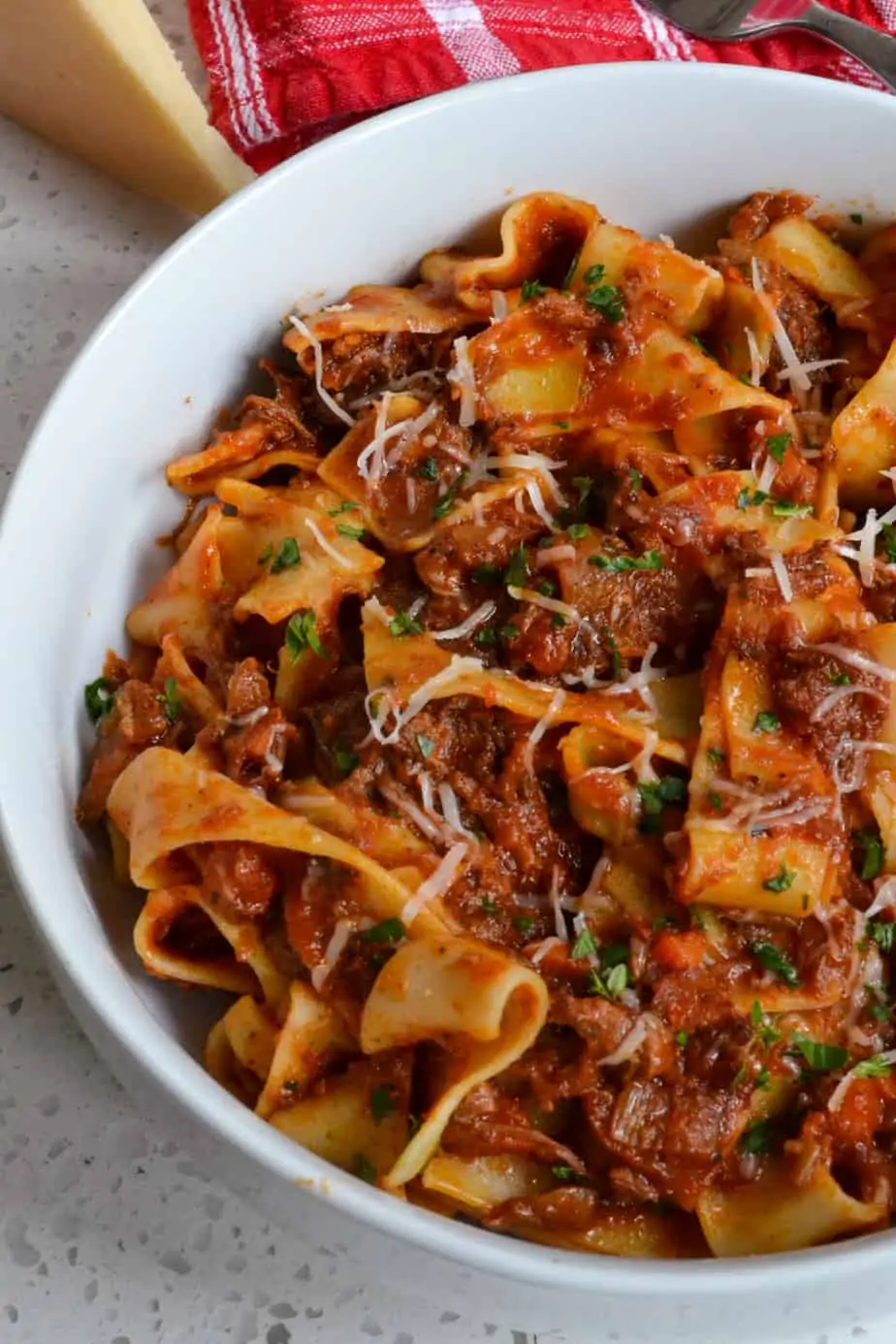 Pappardelle pasta mixed with slow cooked beef ragu. 