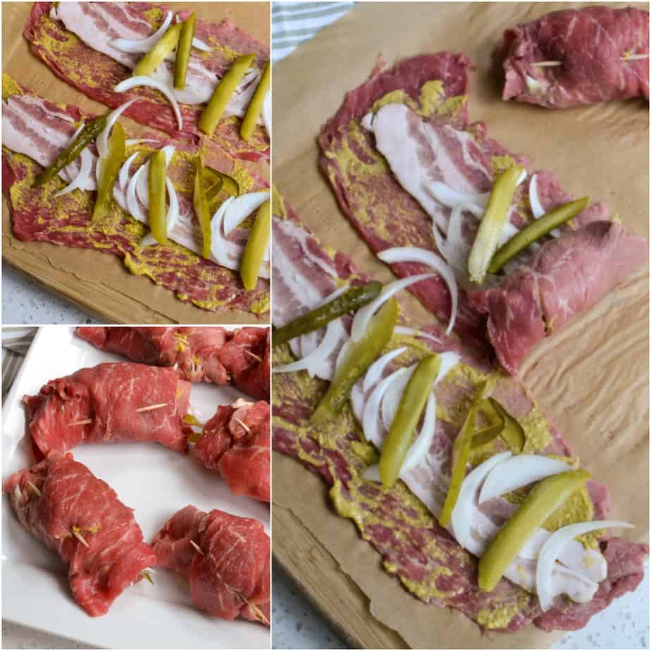 The steps to stuffing beef rouladen. 