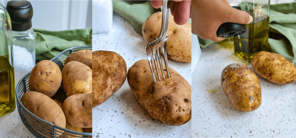 Scrub the potatoes to remove the dirt. Thoroughly dry them with paper towels. Prick them several times with a fork. Using your hands, rub oil all over them. Sprinkle coarse kosher salt all over the outside of them.