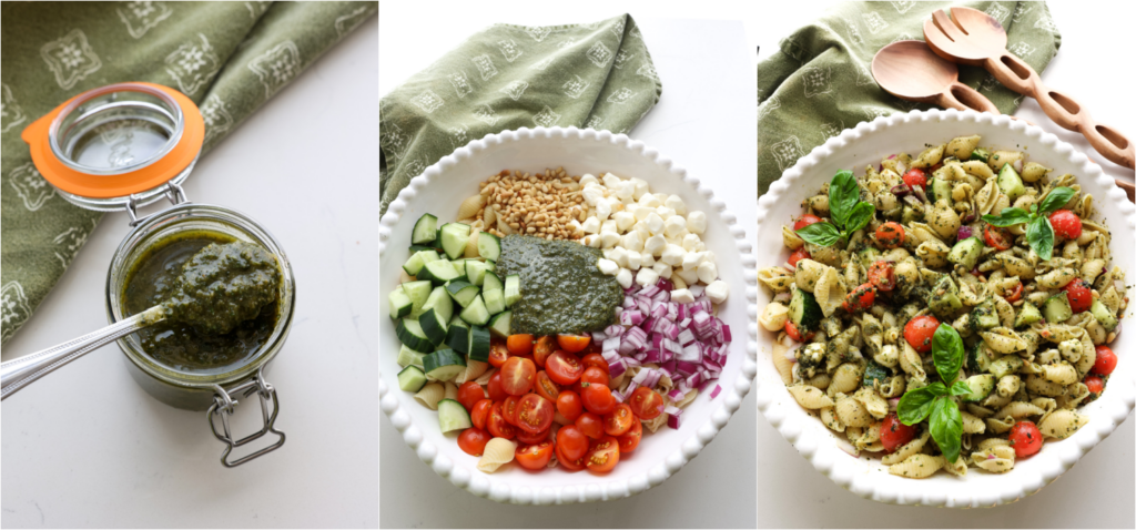 Some of the steps for making pesto pasta salad. In a large bowl, combine the pasta, tomatoes, red onions, mozzarella balls, cucumbers, and pesto sauce. Stir gently to combine. 