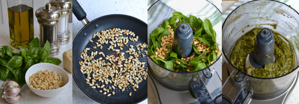 Toast the pine nuts. Add minced garlic and sauté, stirring constantly. Combine fresh basil and toasted pine nuts in a food processor and pulse. Add the garlic and Parmesan cheese and pulse again. Drizzle in olive oil while the food processor is running slowly.