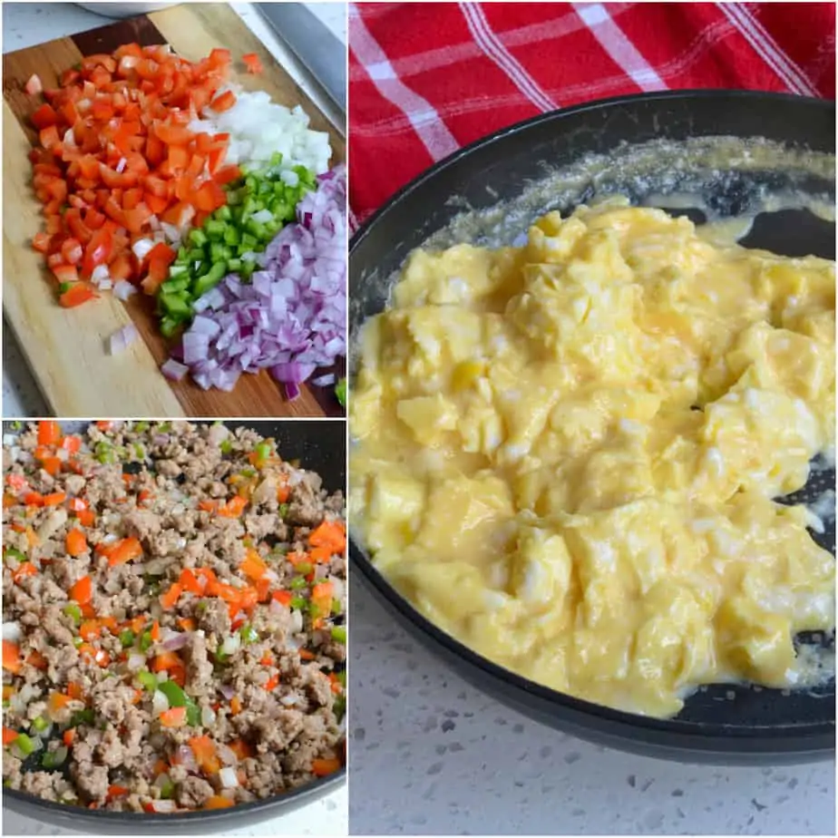 Cook the sausage and add the vegetables. Then scramble the eggs. 