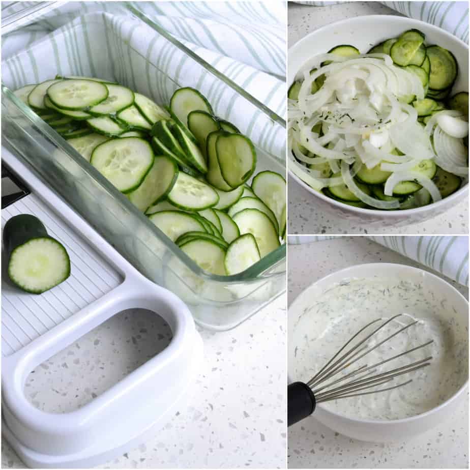 Slice the cucumbers and whisk together the sour cream dressing. 