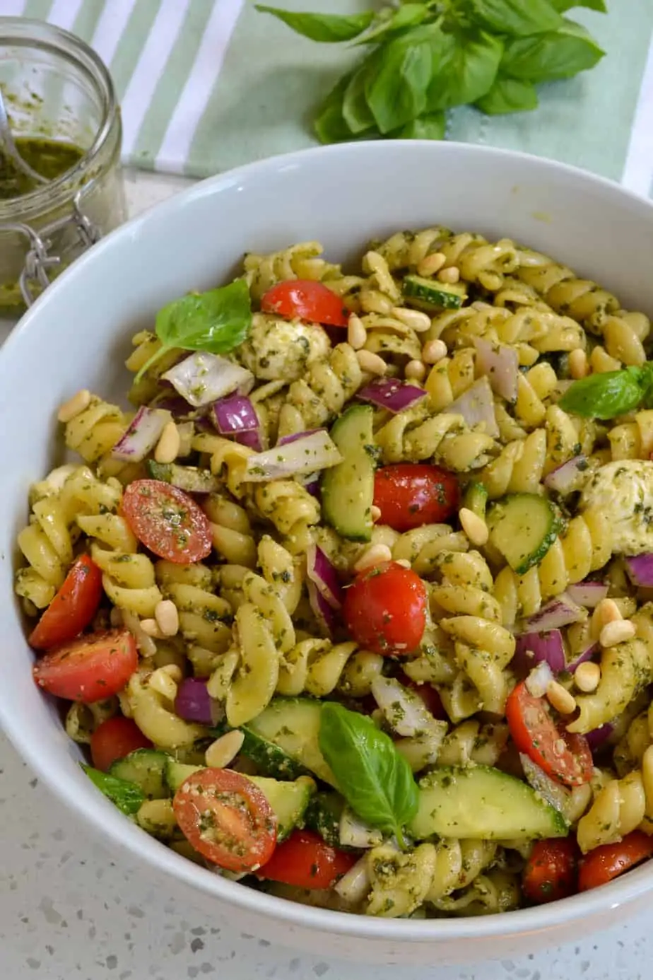 Pesto pasta salad with homemade pesto sauce. 