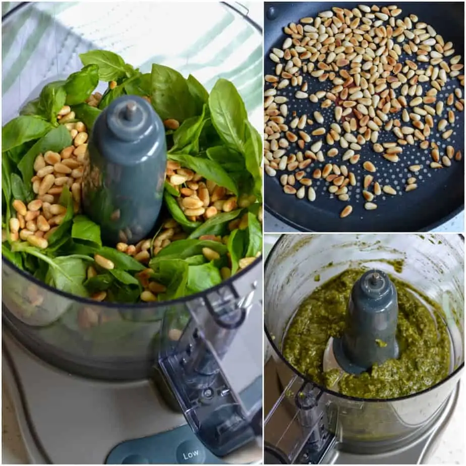 Fresh pesto sauce is made easy in a food processor. 