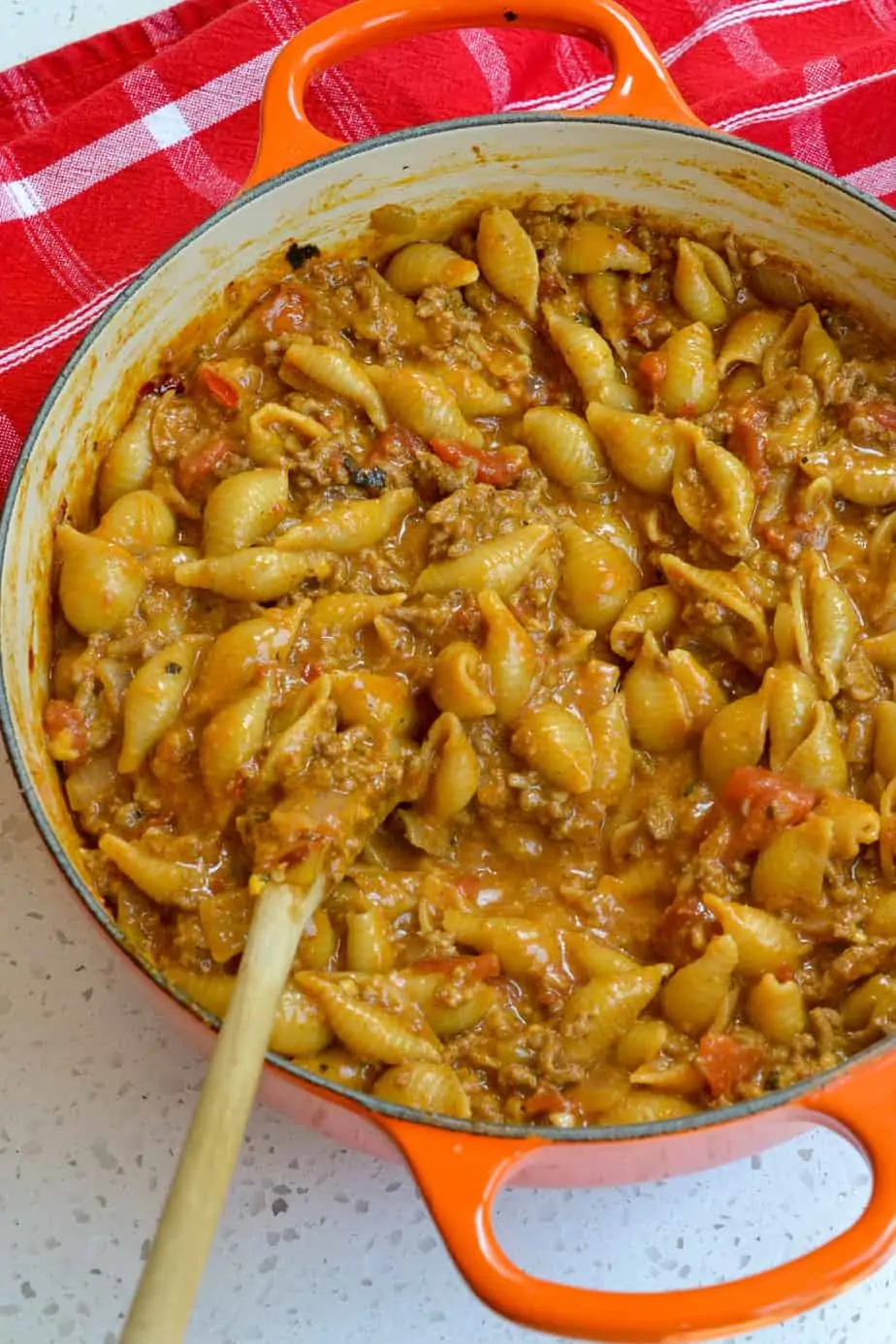 Cheesy taco pasta with seasoned ground beef, tomatoes, and shell noodles. 