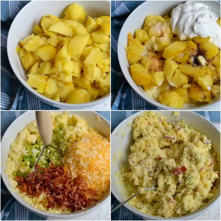 There are several steps to making twice baked potato casserole. 