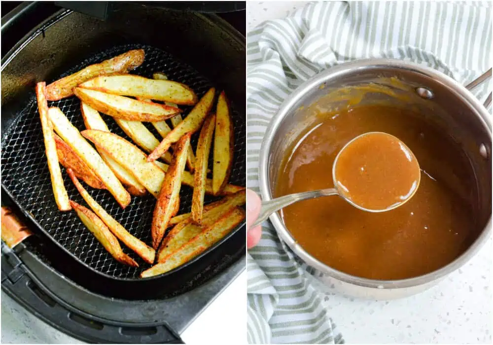 Some of the steps to making poutine. Air fry the potatoes and add the beef broth, chicken broth, onion powder, garlic powder, and Worcestershire Sauce to a small saucepan over medium-low heat.  Bring it to a low boil (just above a simmer), whisking frequently.  In a small bowl, whisk together the cornstarch and water.  Now whisk it into the broth mixture.  Bring it back to a low boil and cook until thickened.