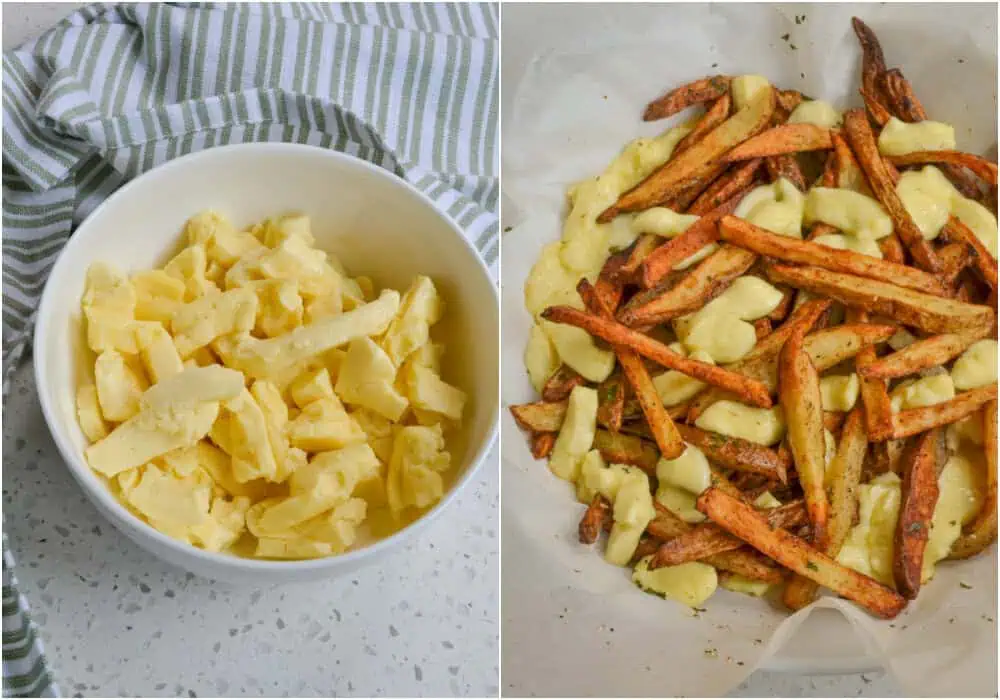 Some of the steps to making Poutine. To assemble, sprinkle the cheese curds over the fries and pop them in the oven for just a couple of minutes. 