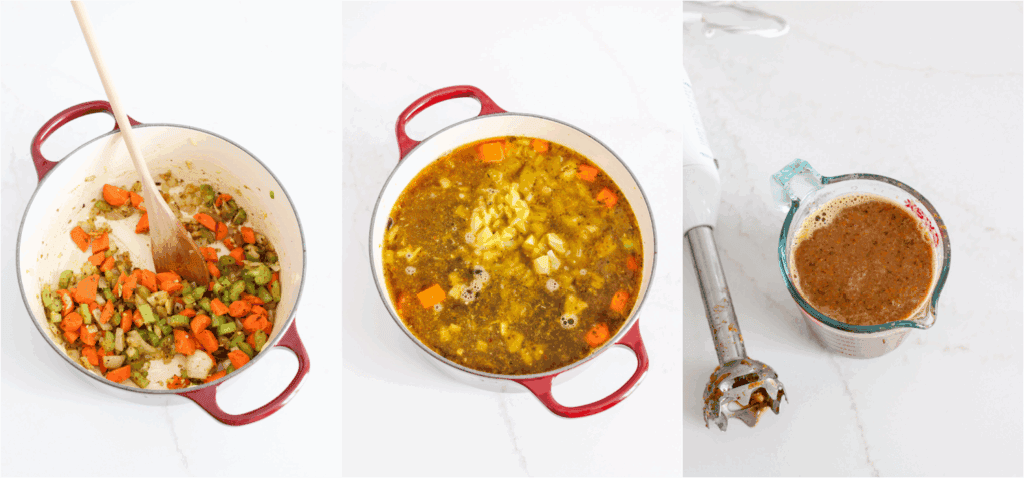 Some of the steps to making black bean soup. Start by heating a little oil in a Dutch oven or soup pot over medium-high heat. Then add the onions, carrots, and celery, cooking until tender. 
Reduce the heat to low and add the garlic, crushed red pepper, ground black pepper, marjoram, and cumin. Stir and cook for 1 minute. Stir in the vegetable broth, diced green chiles, and black beans. Bring the soup to a boil. Then reduce the heat and simmer for 15-20 minutes. 
If desired, purée a little of the soup with an immersion blender.