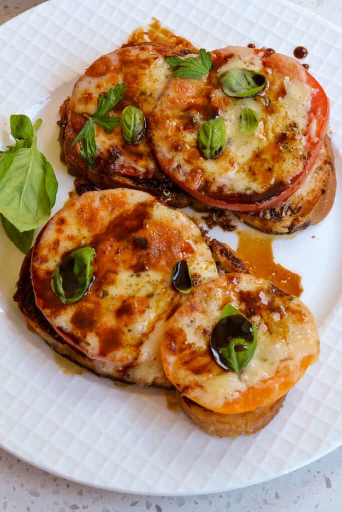 An open faced tomato sandwich with melted mozzarella and fresh herbs.