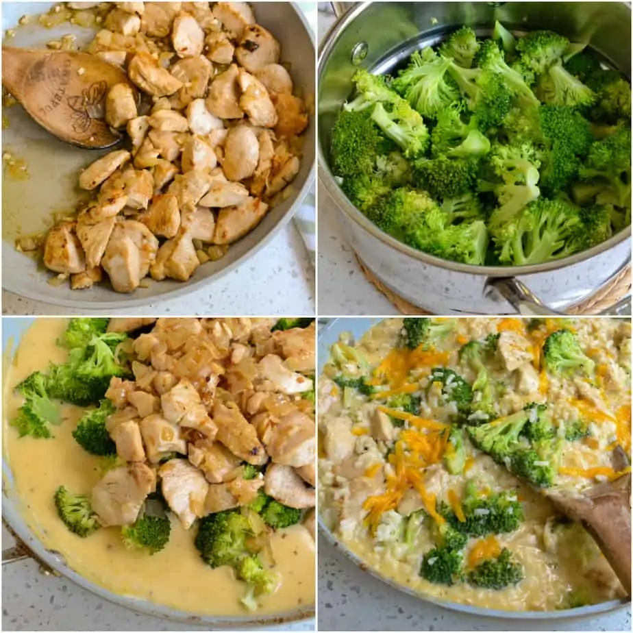 Start by cooking the chicken, broccoli, and cheese sauce. 