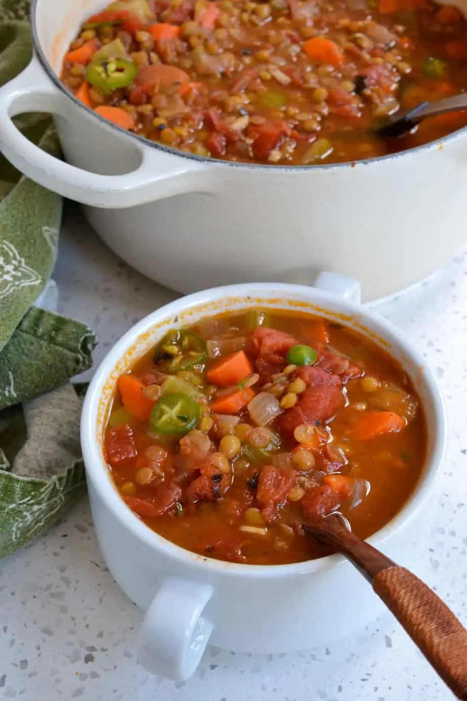 A bowl full of vegan lentil vegetable soup with tomatoes, carrots, onion, and celery. 