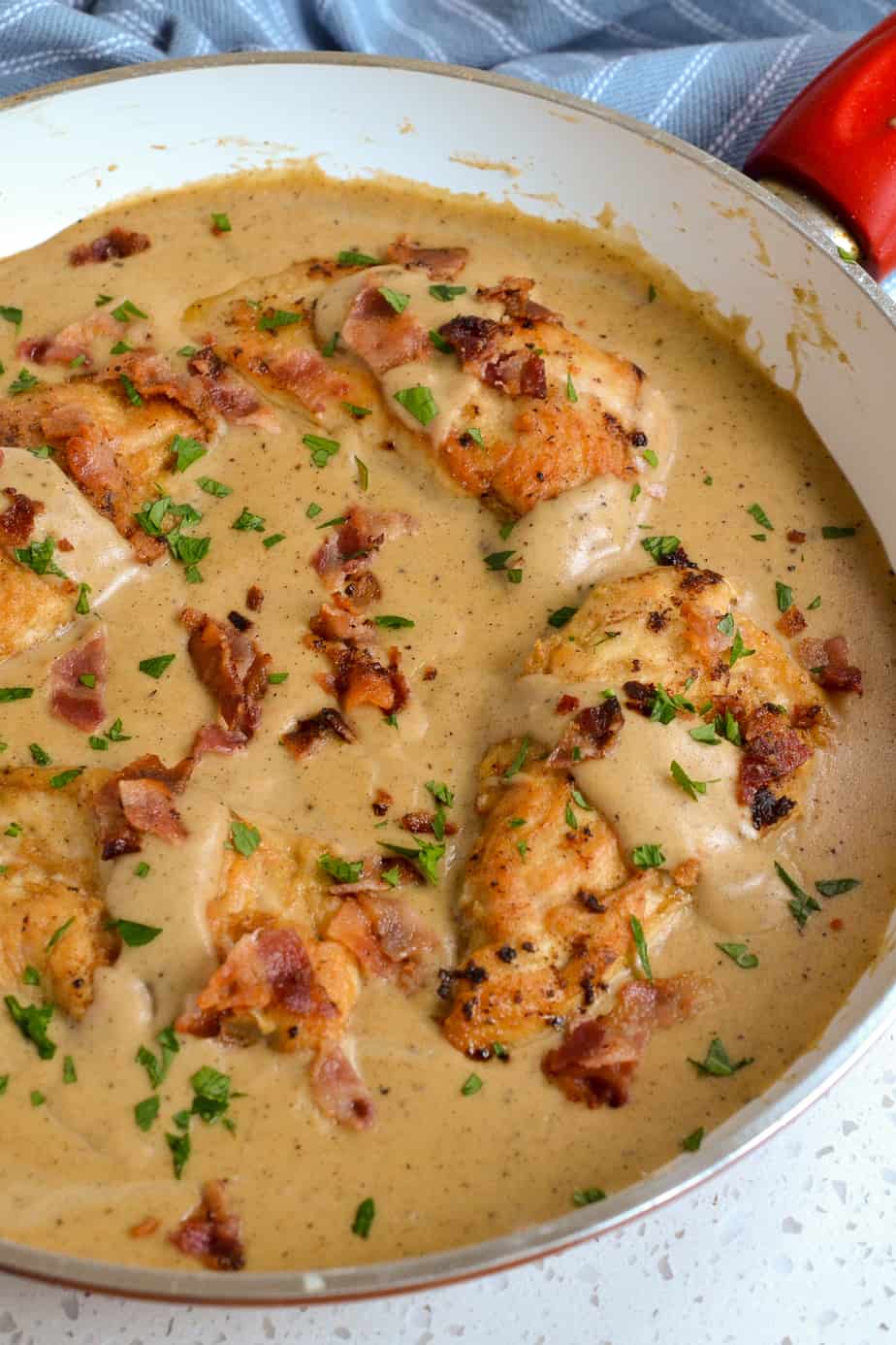 Creamy Southern style smothered chicken. 