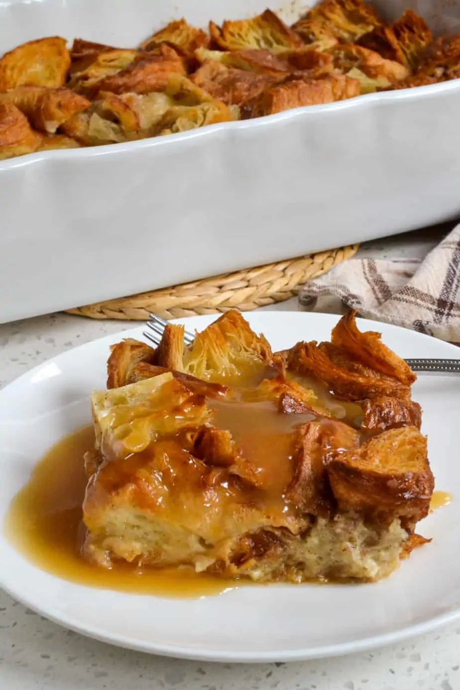 A casserole full of old fashioned homemade bread pudding. 