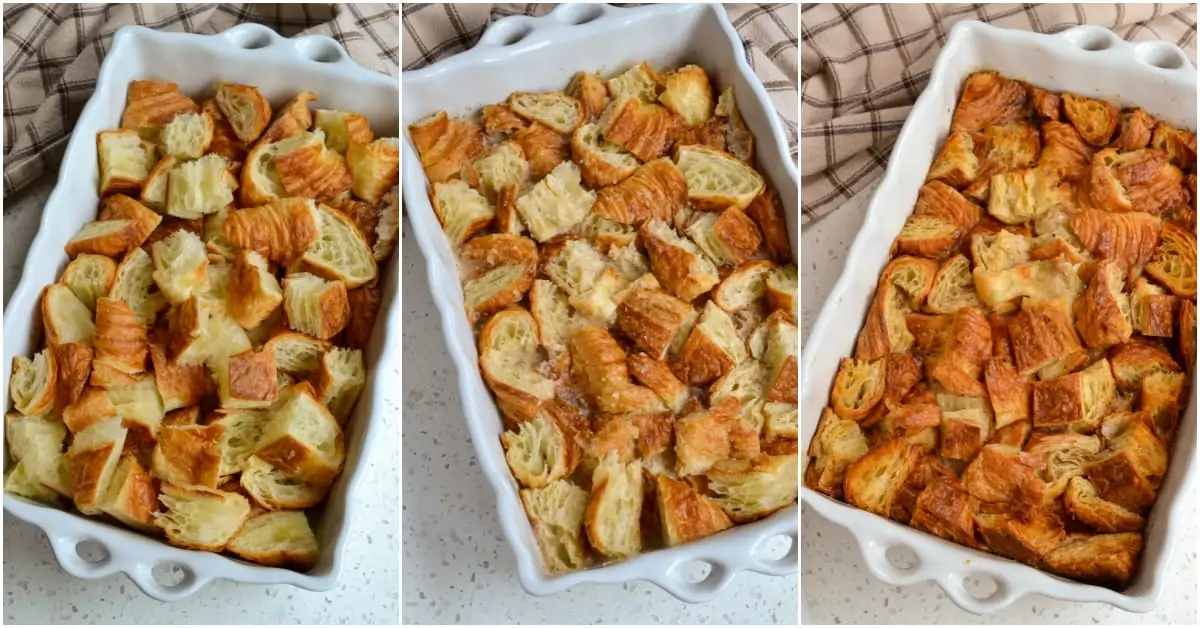 A collage of the different stages of making bread pudding. 
