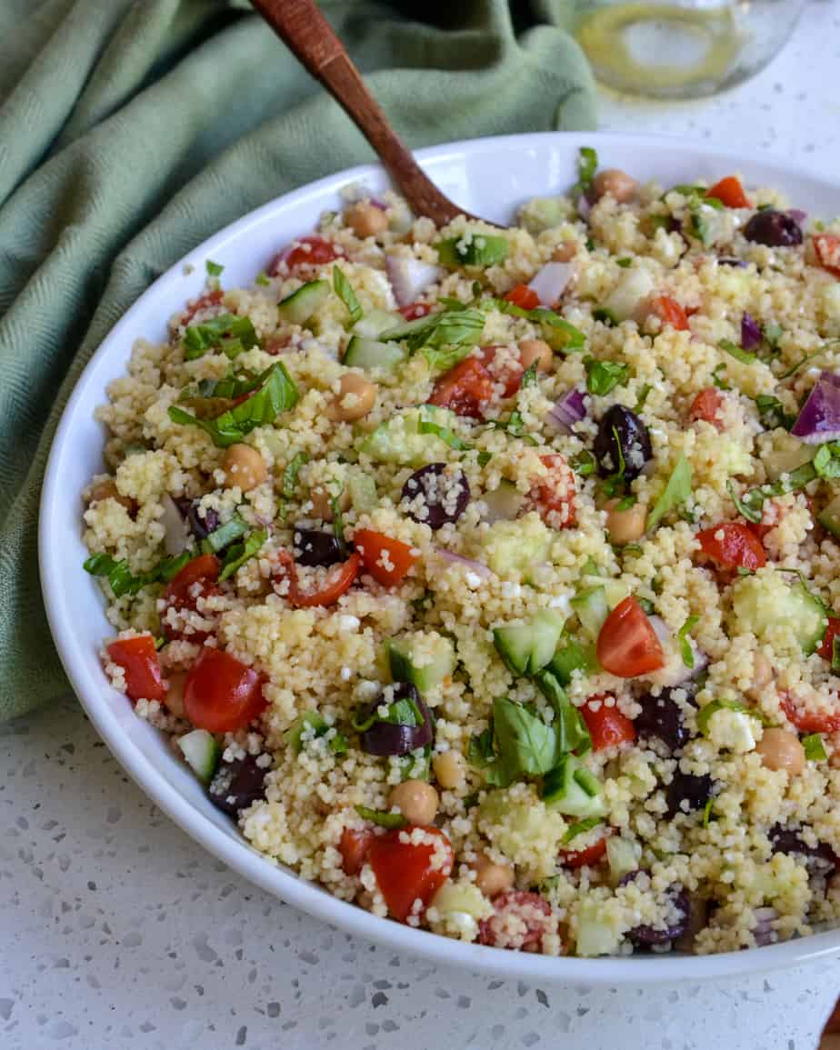 A bowl full of Mediterranean Couscous Salad