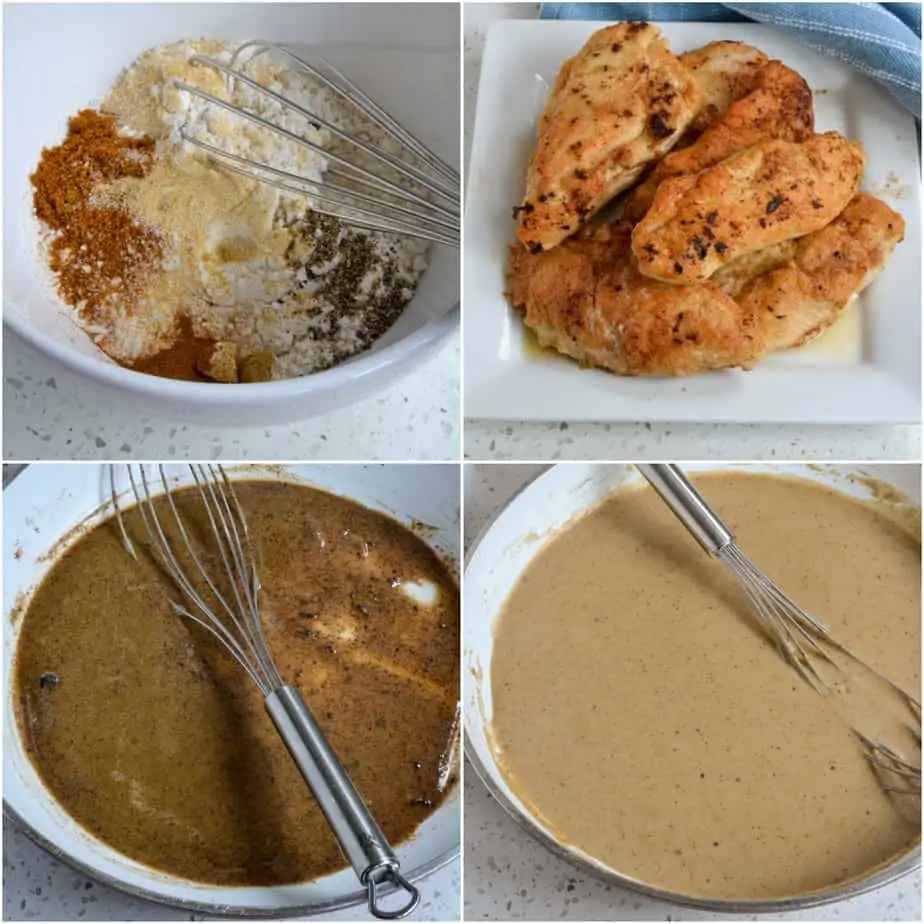 There are several steps to making smothered chicken breasts. 
