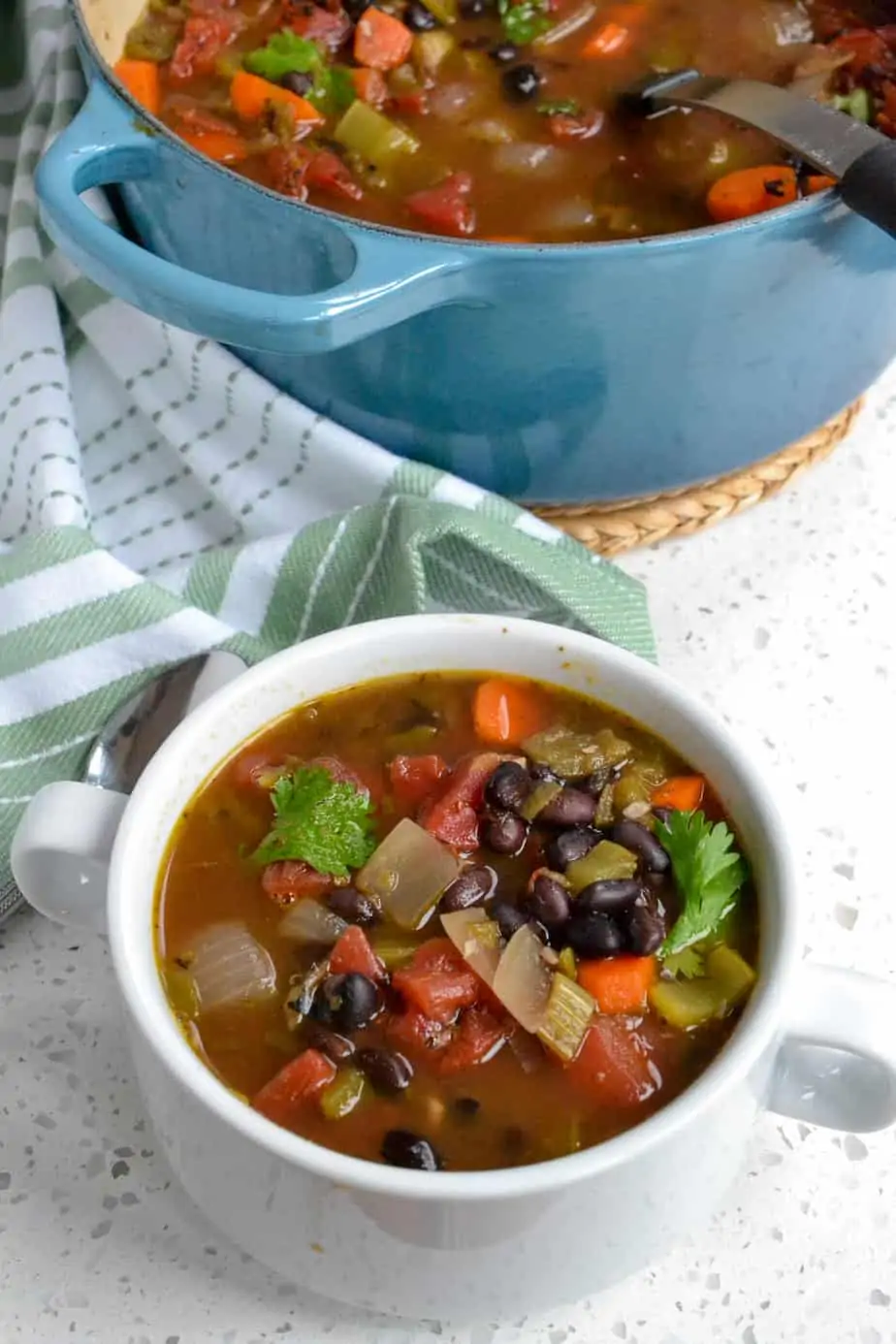 Soup with black beans, carrots, onions, tomatoes, green chiles, and cilantro. 