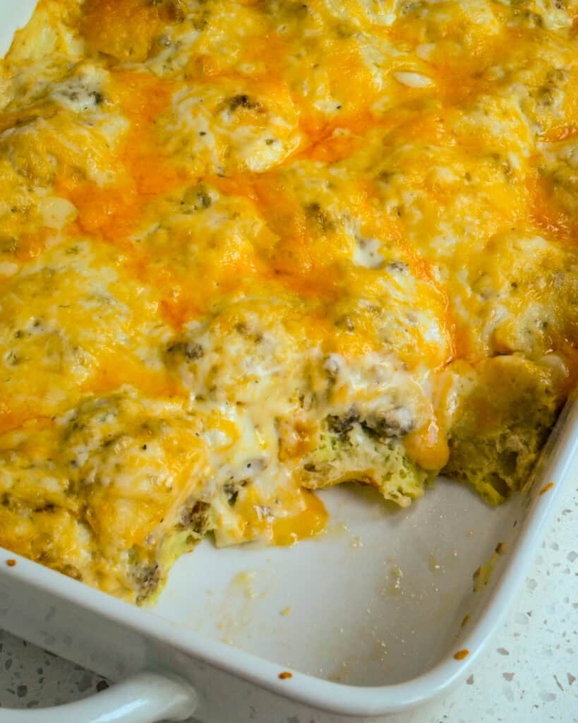 A 9x13 inch casserole dish full of biscuits and gravy casserole. 