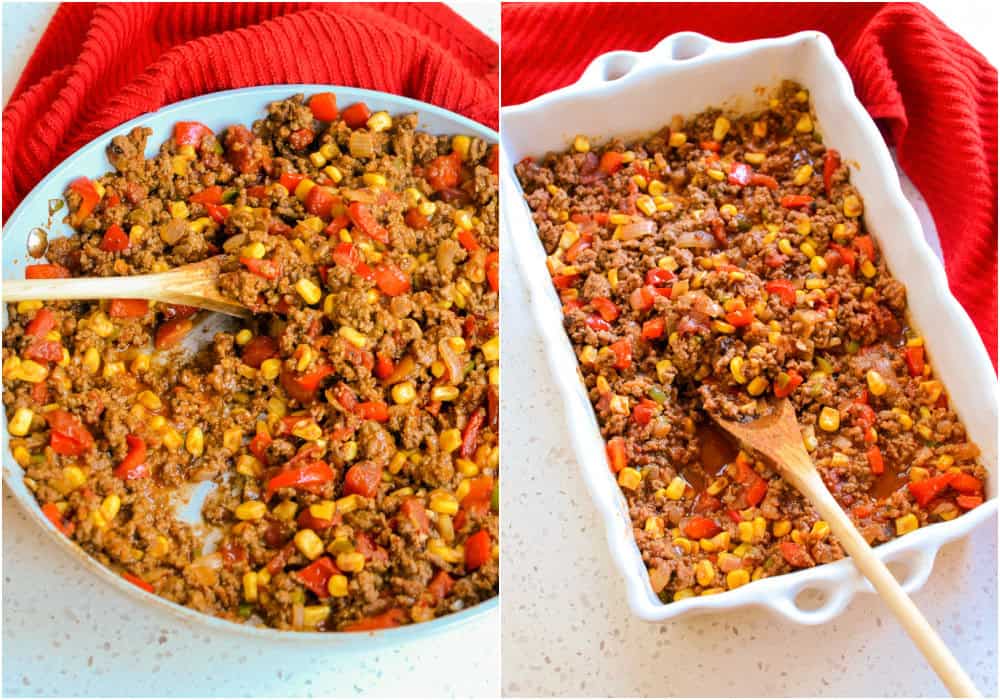 Some of the steps to making tamale pie. First, brown the ground beef in a large skillet over medium heat. Add the onions, bell peppers, and jalapeno when the beef is about halfway brown. Continue cooking until the beef is brown and the onions and bell peppers are soft.
Then, reduce the heat to low and add the garlic. Cook for about 1 minute, stirring continuously. Add the fire-roasted tomatoes, corn, tomato paste, chili powder, and cumin. Simmer for about 10 minutes while you mix the topping.