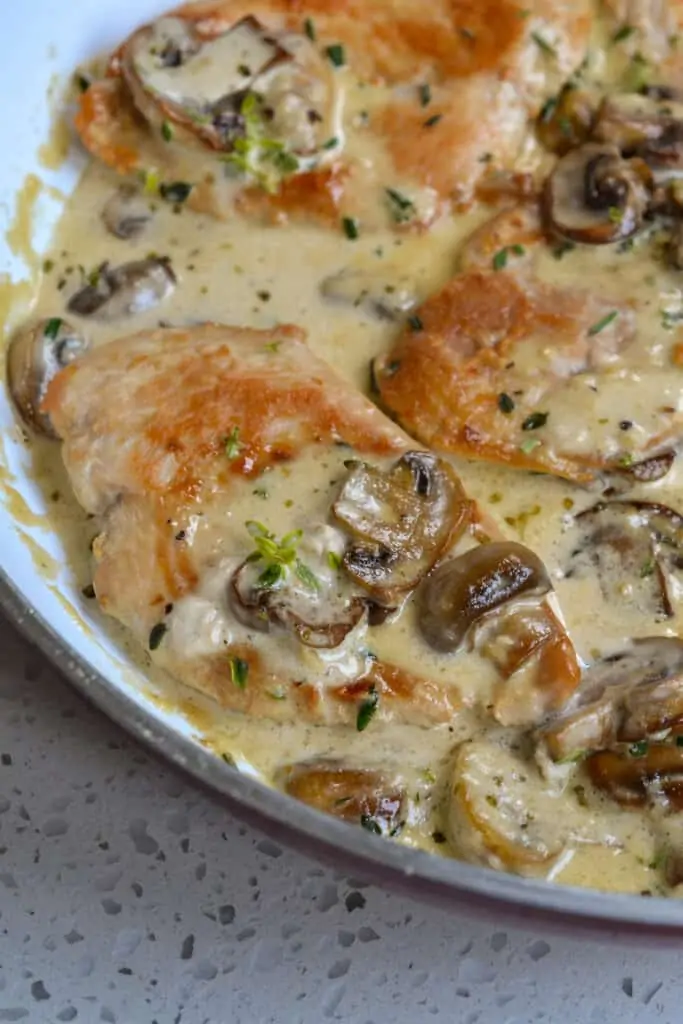 A skillet full of chicken and mushrooms in a creamy lightly seasoned sauce.  