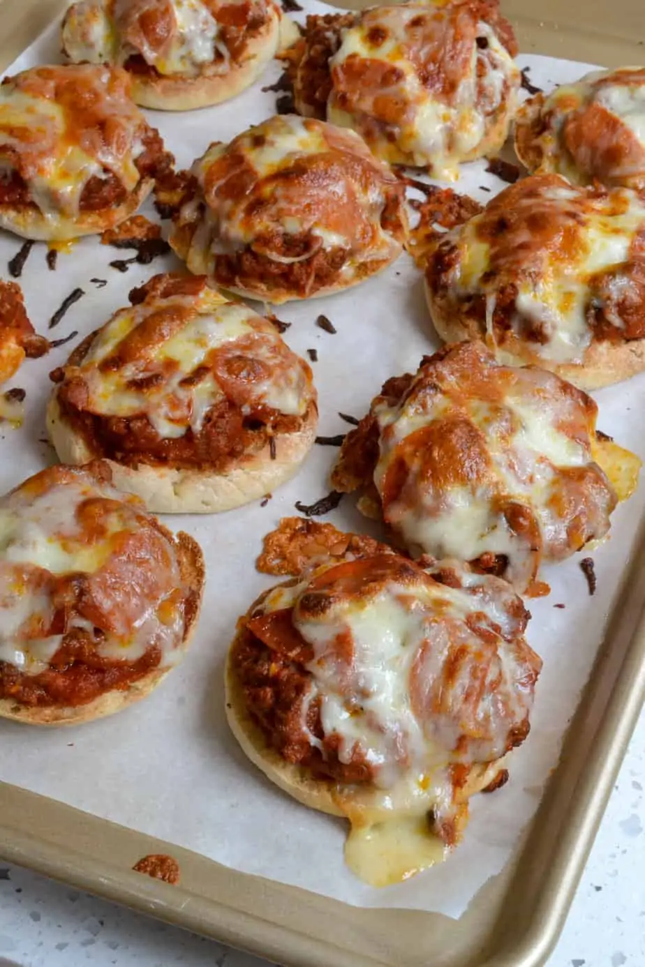 A baking sheet full of Pizza Burgers