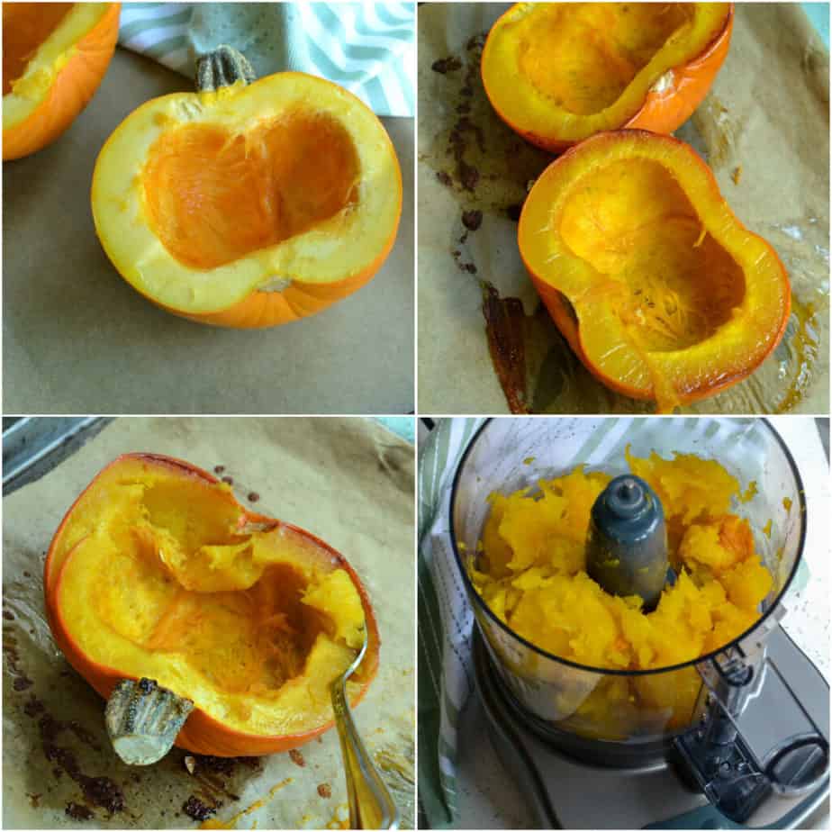 Cook the pumpkin, remove the  flesh and puree. 
