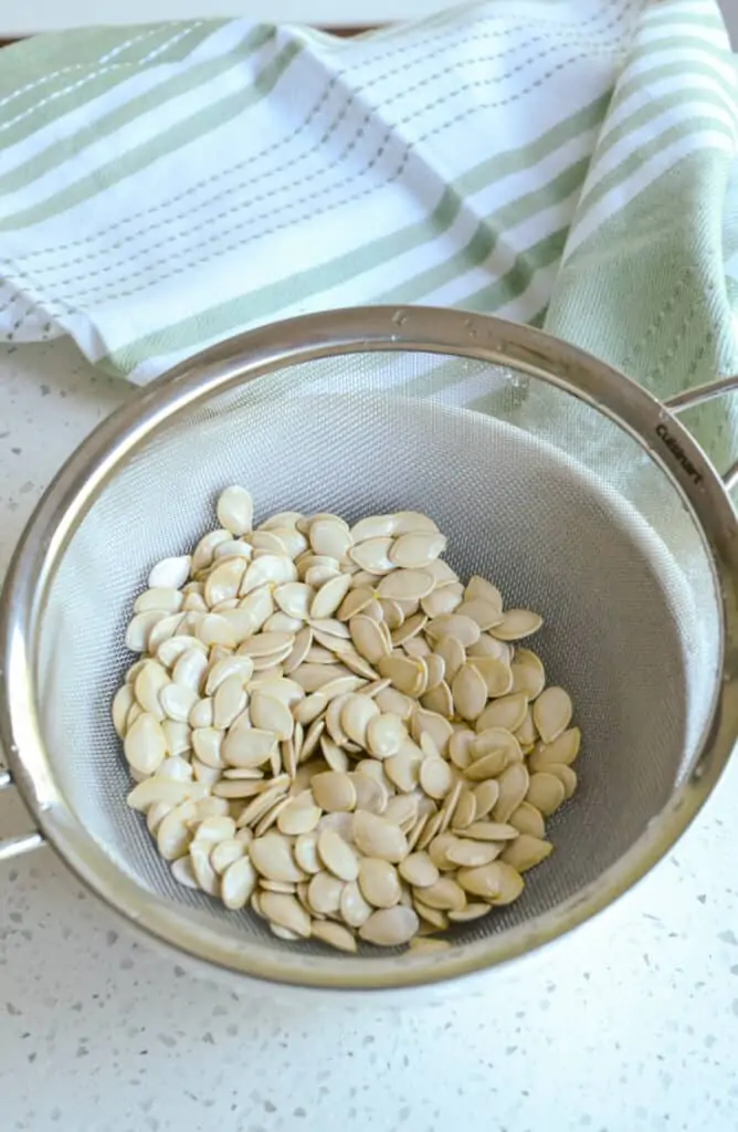A fine mesh strainer filled with pumpkin seeds. 