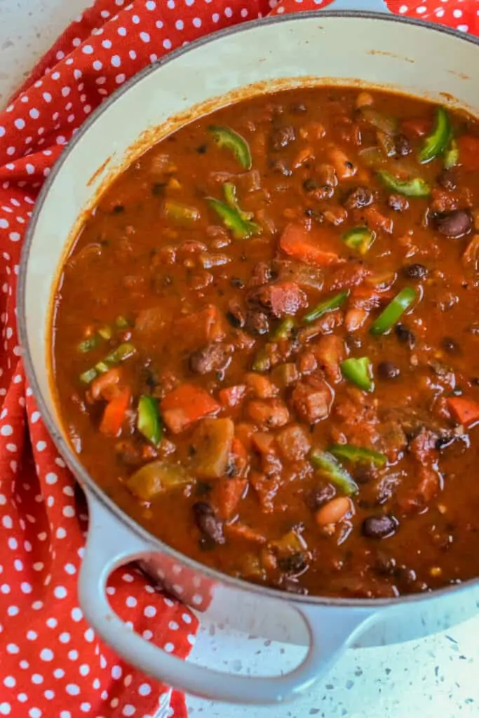 Vegetarian Chili with onion, bell peppers, and tomatoes.