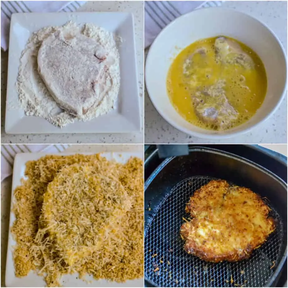 There are several steps to breading pork chops. 
