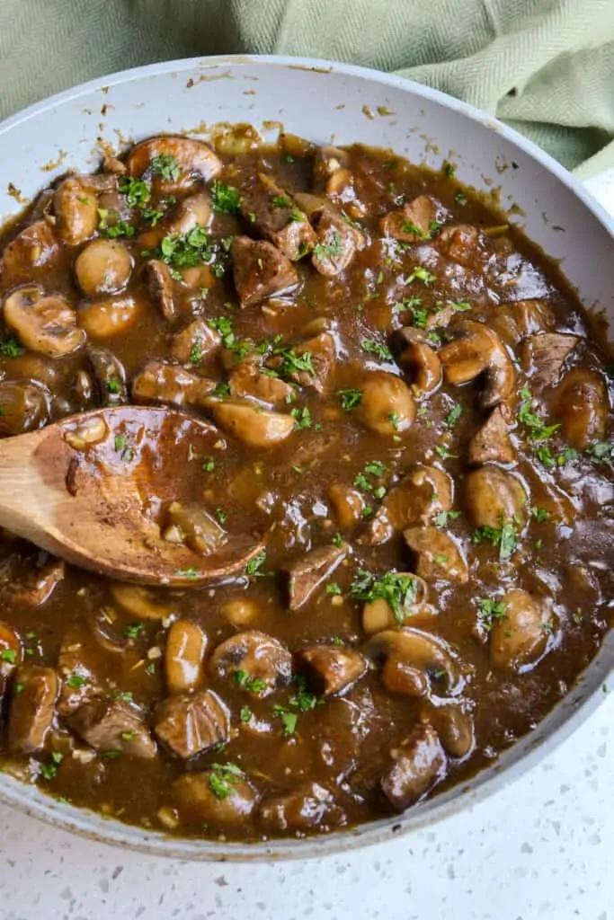 Beef tips with mushrooms in an easy pan gravy. 