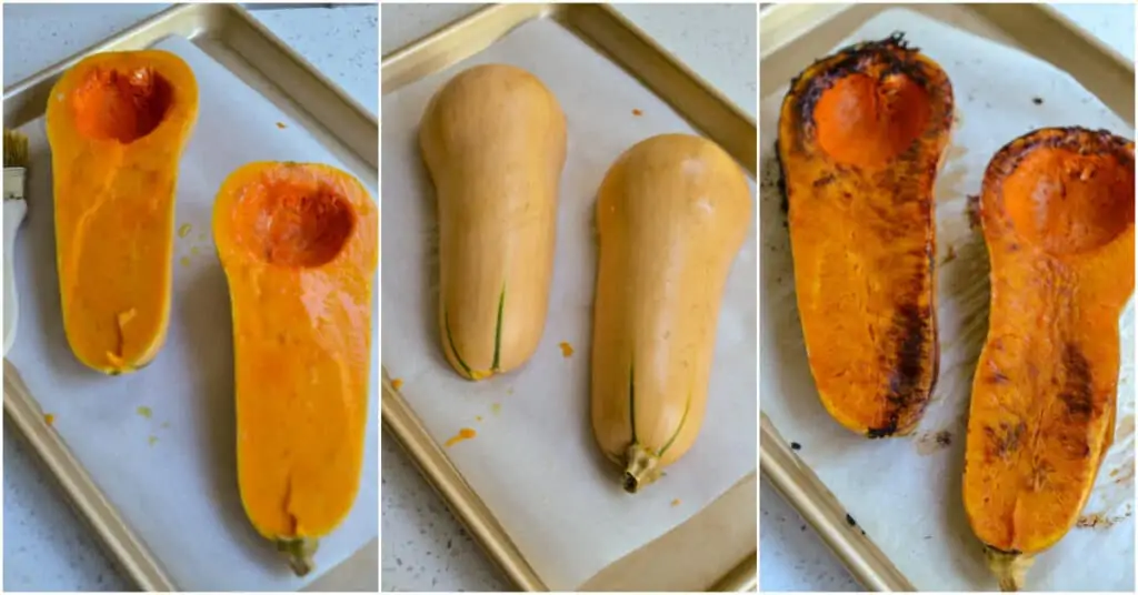 Cut the butternut squash in half and roast for 45 minutes. 